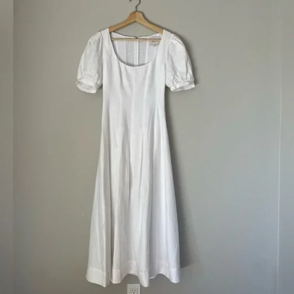 NEW Reformation Coucou Midi Linen Dress Puff Sleeves White | US 4 UK 8 - Picture 6 of 11